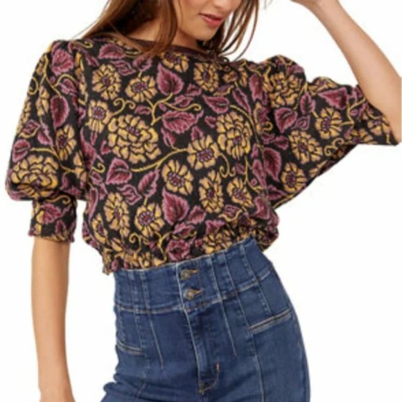 Free People Tops - FREE PEOPLE No Ordinary Floral Puff Sleeve Top in Black Combo - Size XS